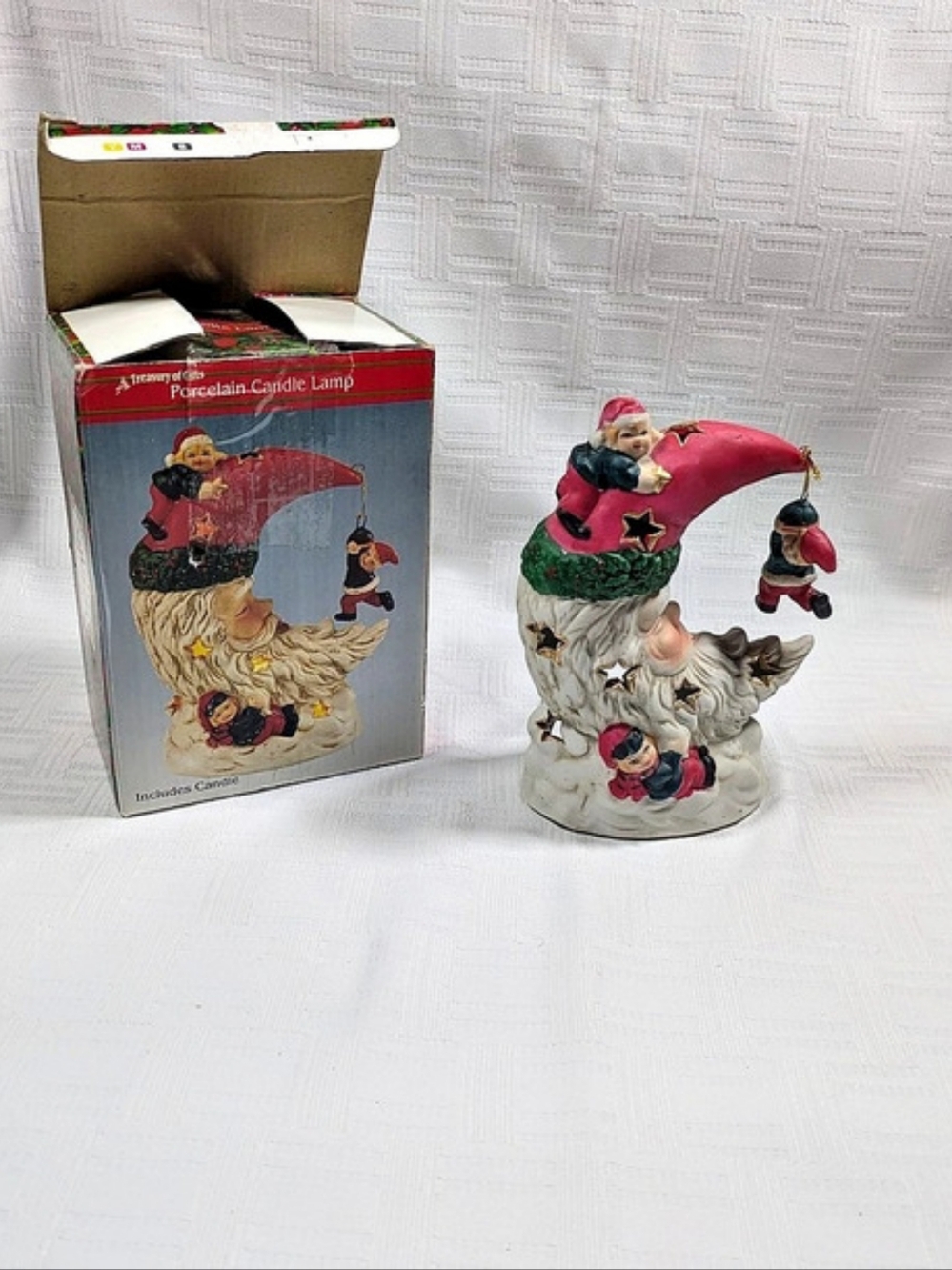 Vintage Christmas Treasury Of Gifts Porcelain Santa Creston Moon Candle Lamp
